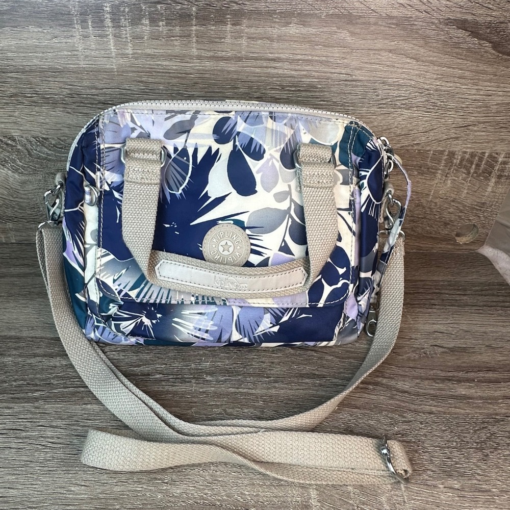 Kipling Crossbody Bag Blue Floral Tropical Nylon Pockets Handbag Purse 7.5x11"